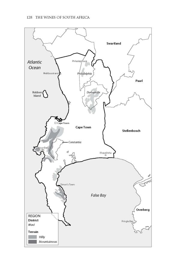 Book cover of Jim Clark's guide, The Wines of South Africa, with vineyards and mountains behind. Published by Academie du Vin.