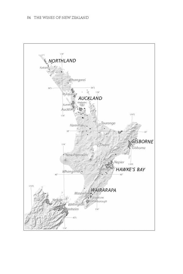 Book cover of Rebecca Gibb's guide, The Wines of New Zealand, featuring snow-topped mountains with hills and vineyards below. Published by Academie du Vin.