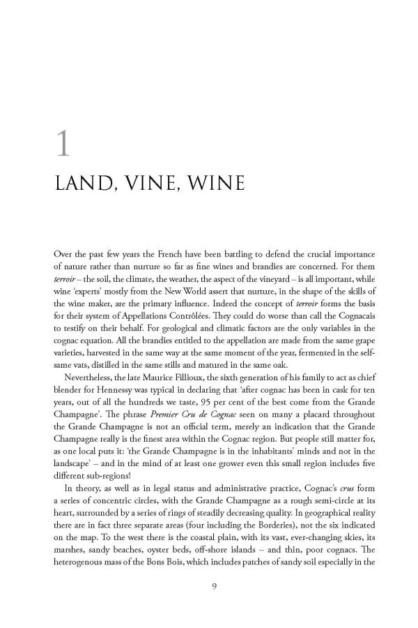 Book cover of Nicholas Faith's comprehensive guide, Cognac The Story of the World's Greatest Brandy, with a view of vineyards through an archway, with barrels below. Published by Academie du Vin Library.