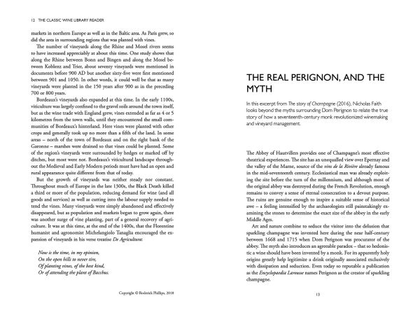 Book cover of The Classic Wine Library Reader, A Taste of the World's Best Wine Writing, with a white wine glass on burgundy. Published by Academie du Vin Library.