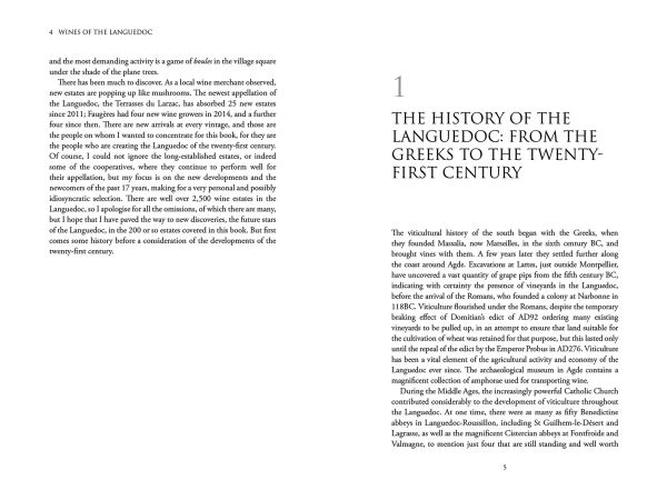 Book cover of Rosemary George's guide, Wines of the Languedoc, with Saint Jean de Bueges village and castle, with vineyards below. Published by Academie du Vin.