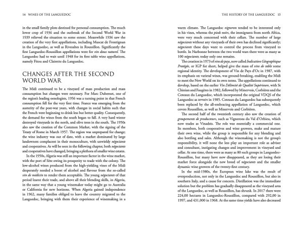 Book cover of Rosemary George's guide, Wines of the Languedoc, with Saint Jean de Bueges village and castle, with vineyards below. Published by Academie du Vin.