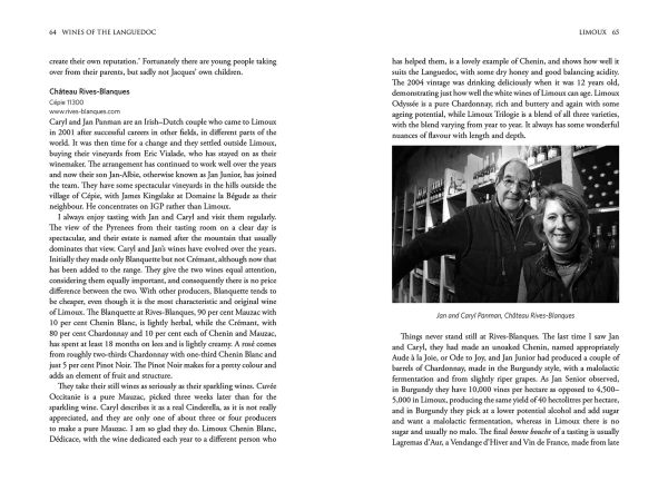 Book cover of Rosemary George's guide, Wines of the Languedoc, with Saint Jean de Bueges village and castle, with vineyards below. Published by Academie du Vin.