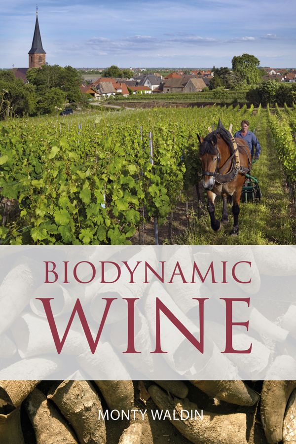 Book cover of Monty Waldin's Biodynamic wine, with a vineyard being ploughed by a horse, and a worker behind guiding plough. Published by Academie du Vin Library.