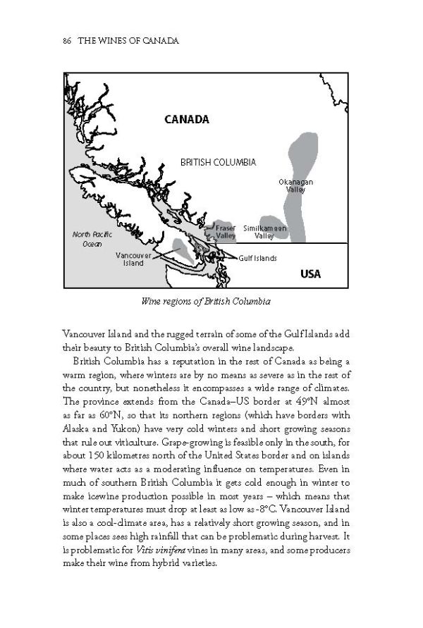 Book cover of Rod Phillips's guide, The Wines of Canada, with vineyards on the coast, mountains behind. Published by Academie du Vin Library.