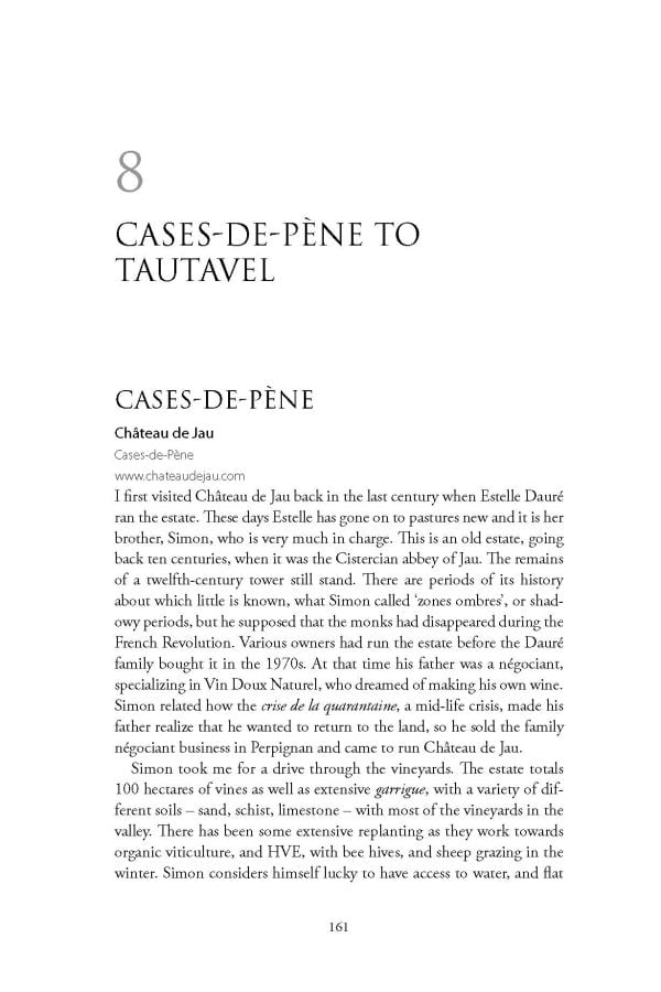 Book cover of Rosemary George's guide, The Wines of Roussillon, with vineyards and mountains behind. Published by Academie du Vin.