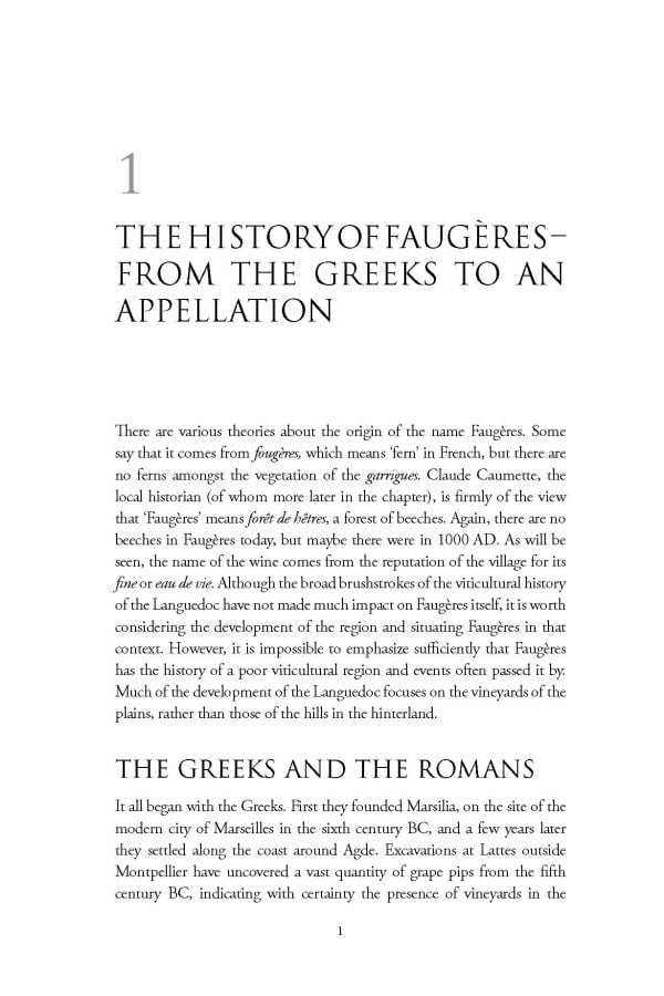 Book cover of Rosemary George's guide, The Wines of Faugères, with a vineyard green hills with buildings behind. Published by Academie du Vin Library.