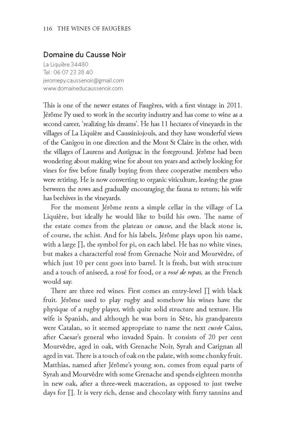 Book cover of Rosemary George's guide, The Wines of Faugères, with a vineyard green hills with buildings behind. Published by Academie du Vin Library.