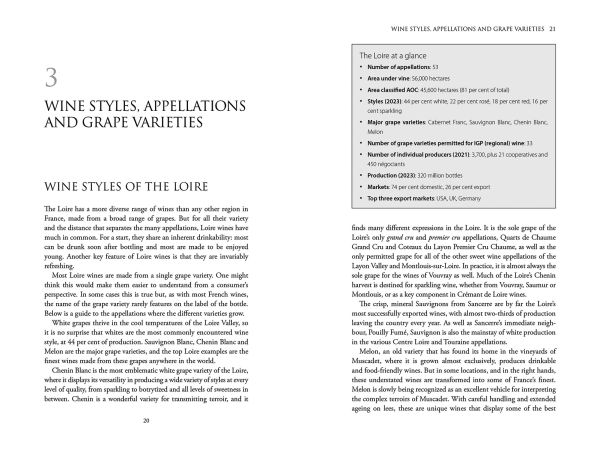 Book cover of Beverley Blanning's guide, Wines of the Loire Valley, with vineyards. Published by Academie du Vin Library.