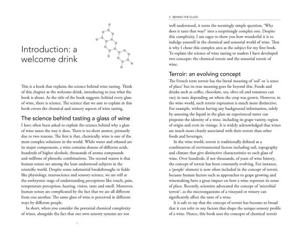 Book cover of Behind the Glass: The Chemical and Sensorial Terroir of Wine Tasting, with a glass of red wine being poured. Published by Academie du Vin Library.