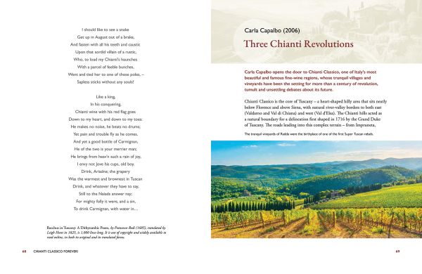 Book cover of On Tuscany: From Brunello to Bolgheri, Wine Tales from the Heart of Italy, with a vineyard, and mountains behind. Published by Academie du Vin Library.