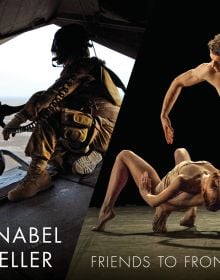 Book cover of Annabel Moeller: Friends to Frontiers; featuring a solider with gun on aircraft, and two ballet dancers on stage. Published by Lee Miller Archives.