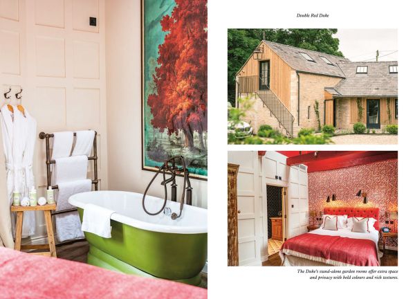 Book cover of Gina Jackson's British Boutique Hotels, with hotel façade with green lollipop bushes. Published by Hoxton Mini Press.