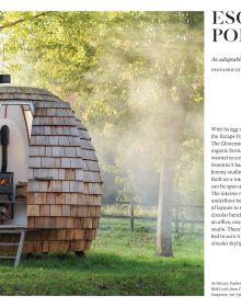 Green, diamond cladded garden building, with woman working on laptop inside, on cover of 'Work From Shed, Inspirational Garden Offices from Around the World', by Hoxton Mini Press.