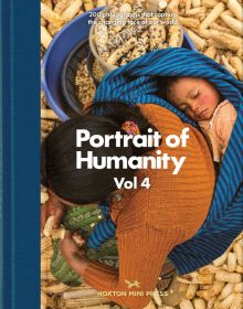Aerial view of mother with young child wrapped in a blue blanket on her back, while she scrapes corn from cobs, on cover of 'Portrait of Humanity Vol 4', by Hoxton Mini Press.