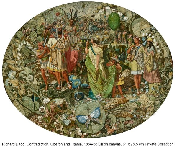 Book cover of Richard Dadd: Beyond Bedlam; featuring a painting depicting a fantastical scene filled with mythological figures, Published by Royal Academy of Arts.