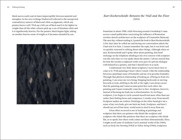 Book cover of Talking Painting: Writings on Art and Artists, 1977–2025: Ian McKeever; featuring artist facing away from the viewer, hanging a piece of work on wall. Published by Royal Academy of Arts.