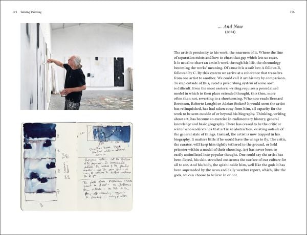 Book cover of Talking Painting: Writings on Art and Artists, 1977–2025: Ian McKeever; featuring artist facing away from the viewer, hanging a piece of work on wall. Published by Royal Academy of Arts.