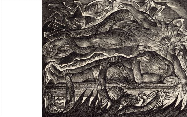 Book cover of Illustrations of the Book of Job: Invented & Engraved by William Blake 1825; featuring an intricate engraved design with Hebrew text. Published by Royal Academy of Arts.