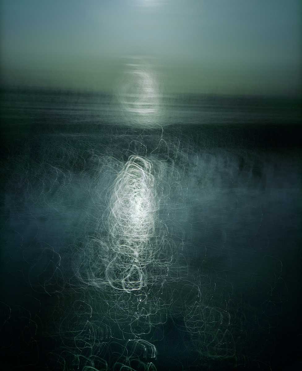 Pale blue and white blurred abstract photograph of figure in sea, on cover of 'Lightstream', by Lost Press.