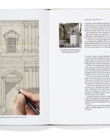 Book cover of George Saumarez Smith's Sketchbooks: Collected Measured Drawings and Architectural Sketches, with a drawing of a scrolled fireplace. Published by Triglyph Books.