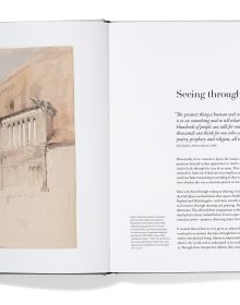 Book cover of Michael G. Imber's The Art of the Architect, with watercolor painting of white house surrounded by mountains. Published by Triglyph Books.