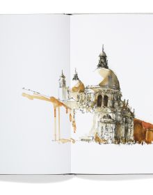 Book cover of Michael G. Imber's The Art of the Architect, with watercolor painting of white house surrounded by mountains. Published by Triglyph Books.
