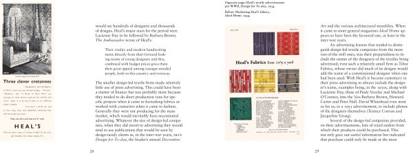 Patterned chair, curtain and rug on dark grey cover with Trading Textiles in orange and white font