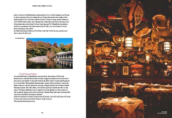 Yellow book cover of Don't Be a Tourist in New York, with a little red lighthouse under great gray bridge on Hudson River. Published by 13 Things Ltd.