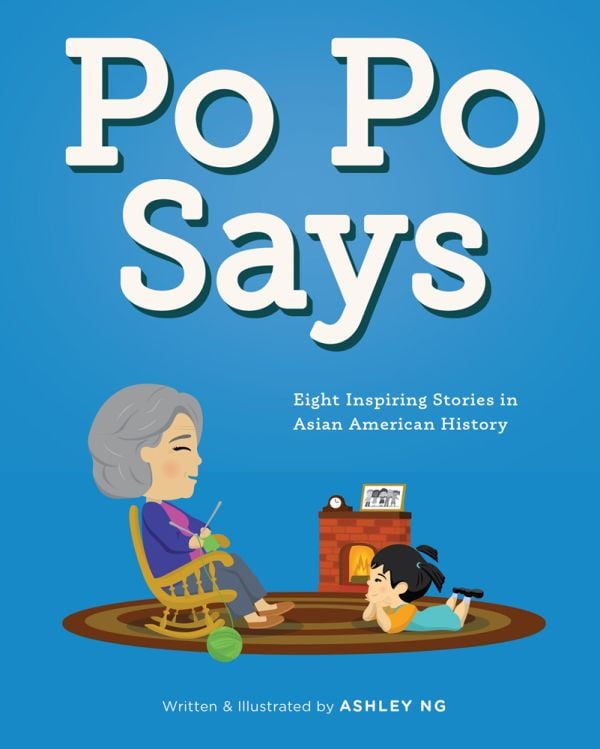 Book cover of Po Po Says, with a grandmother knitting in rocking chair, with small child on rug below. Published by ORO Editions.