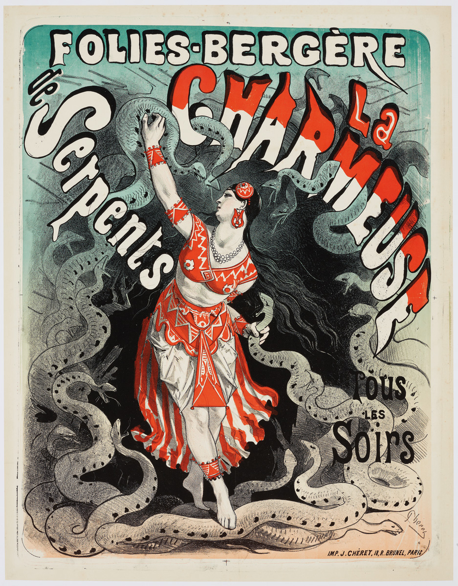 Colour lithograph poster, Musée Grévin by Jules Cheret, Always New, The Posters of Jules Chéret, in yellow and blue font, to top left and bottom right edges.