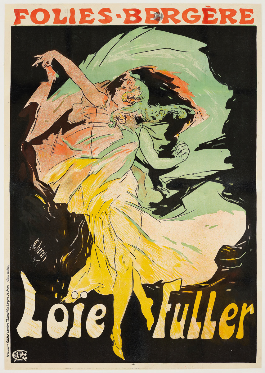 Colour lithograph poster, Musée Grévin by Jules Cheret, Always New, The Posters of Jules Chéret, in yellow and blue font, to top left and bottom right edges.