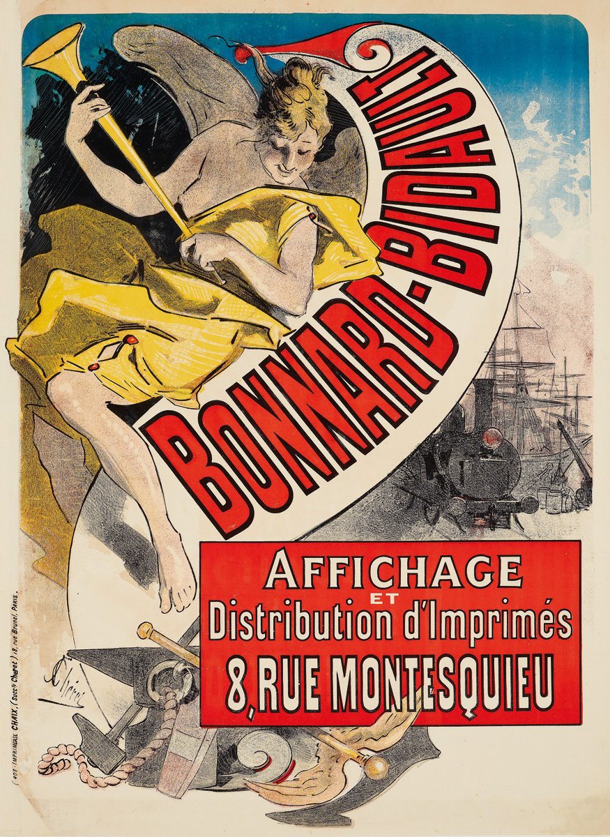 Colour lithograph poster, Musée Grévin by Jules Cheret, Always New, The Posters of Jules Chéret, in yellow and blue font, to top left and bottom right edges.