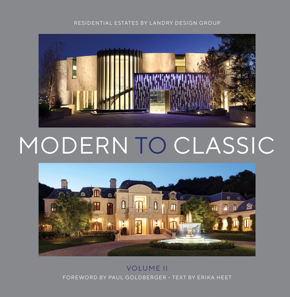 Modern building above classic architecture building on grey cover, Modern to Classic Volume II white and blue font