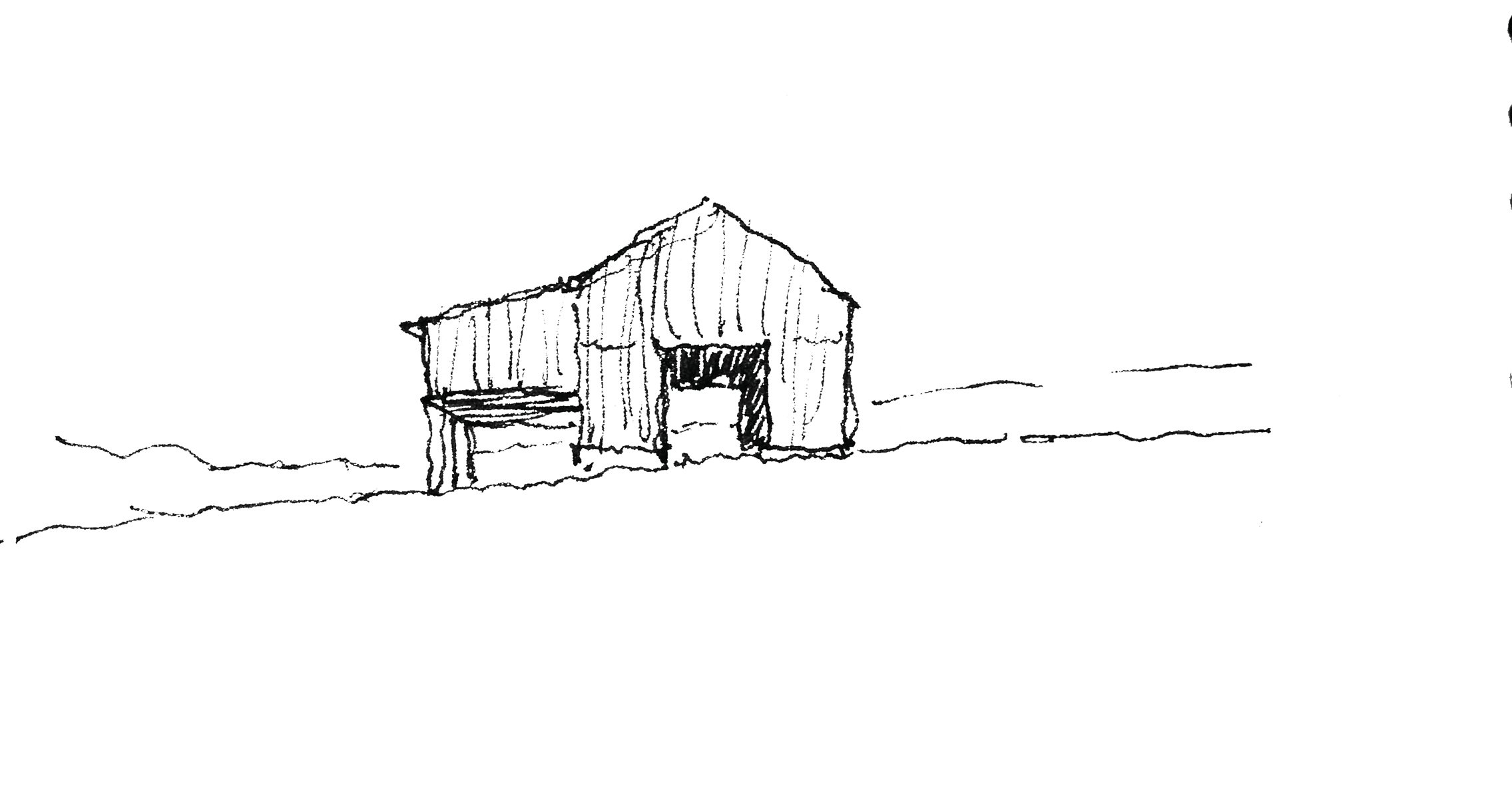 Watercolour sketch of corrugated roof barn, in desolate landscape, Native Places in khaki font above