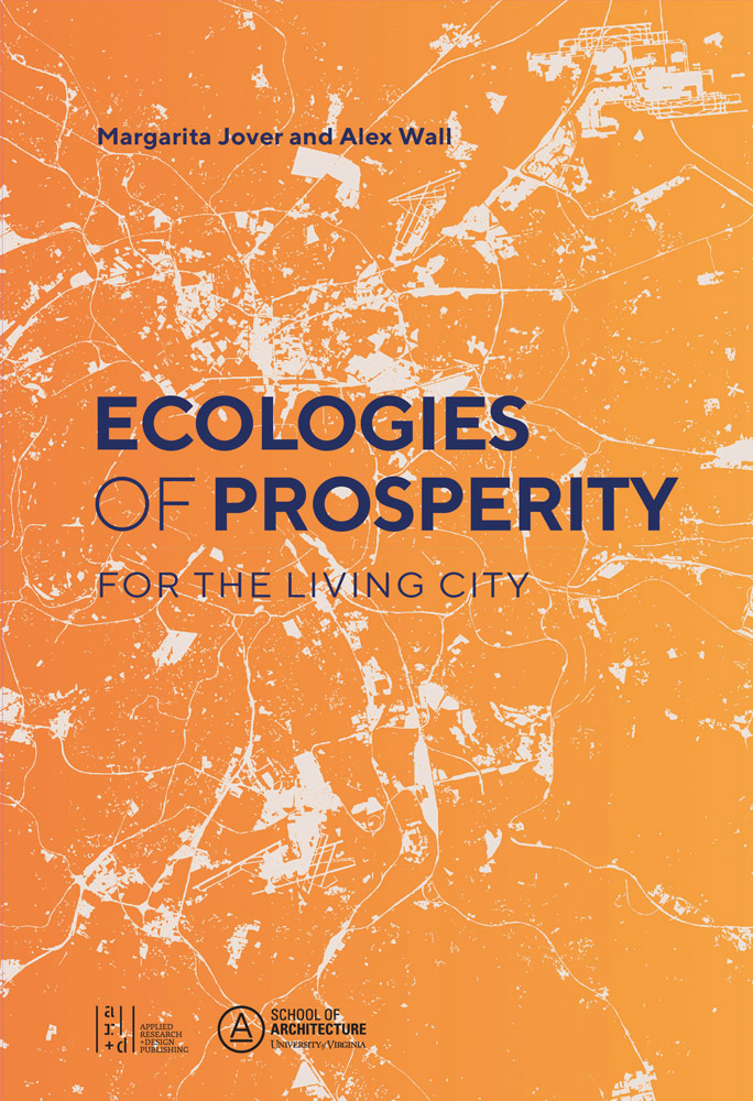 Orange cover splattered with white marks, ECOLOGIES OF PROSPERITY FOR THE LIVING in blue font to centre.