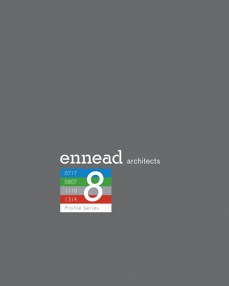 ennead architects in white font on grey cover, 8 in white font on multicoloured lined square