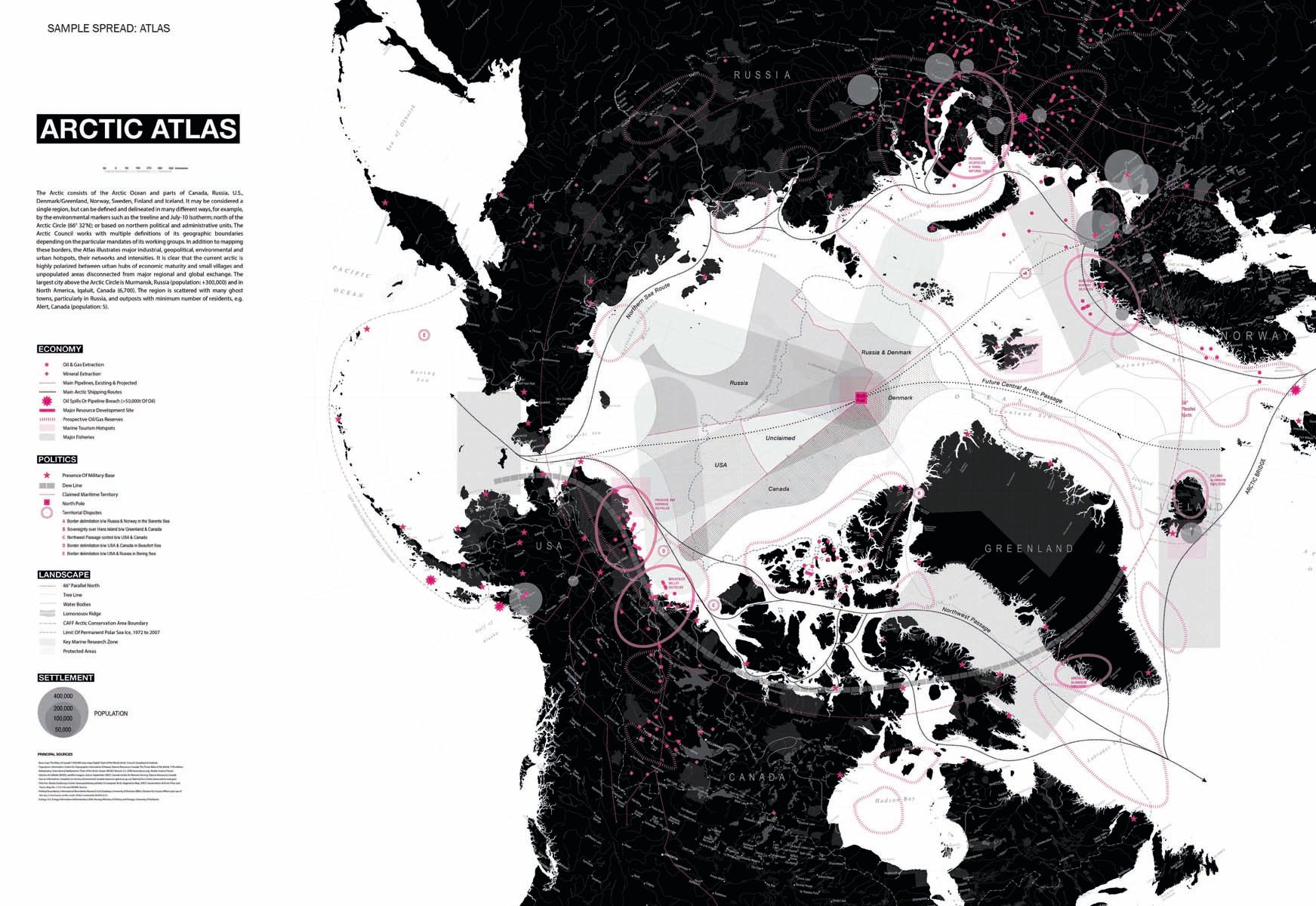 Aerial land map of arctic area, Mediating Environments in black font down upper left.