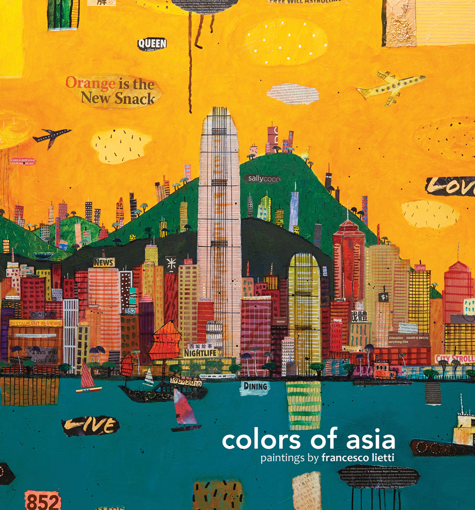 Brightly coloured cityscape, river and hilly landscape, colors of asia in white font to lower right