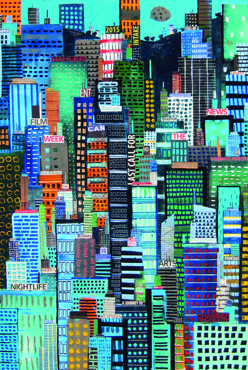 Brightly coloured cityscape, river and hilly landscape, colors of asia in white font to lower right