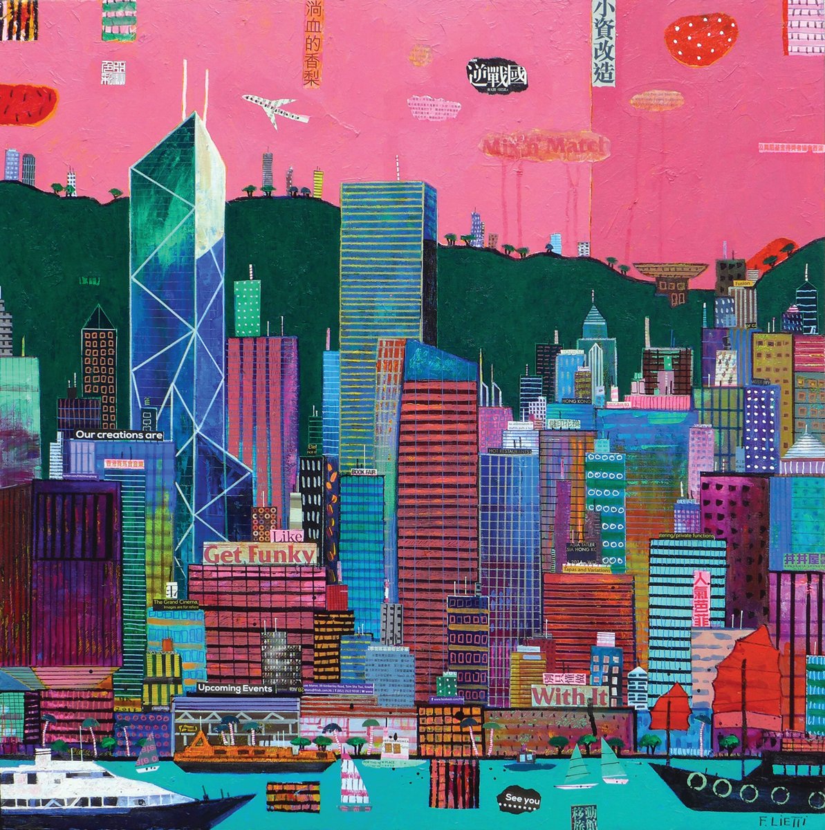 Brightly coloured cityscape, river and hilly landscape, colors of asia in white font to lower right