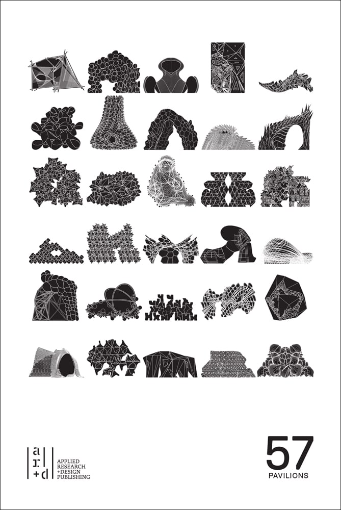 Book cover of 57 Pavilions, with thirty black geometric shapes in square formation. Published by ORO Editions.
