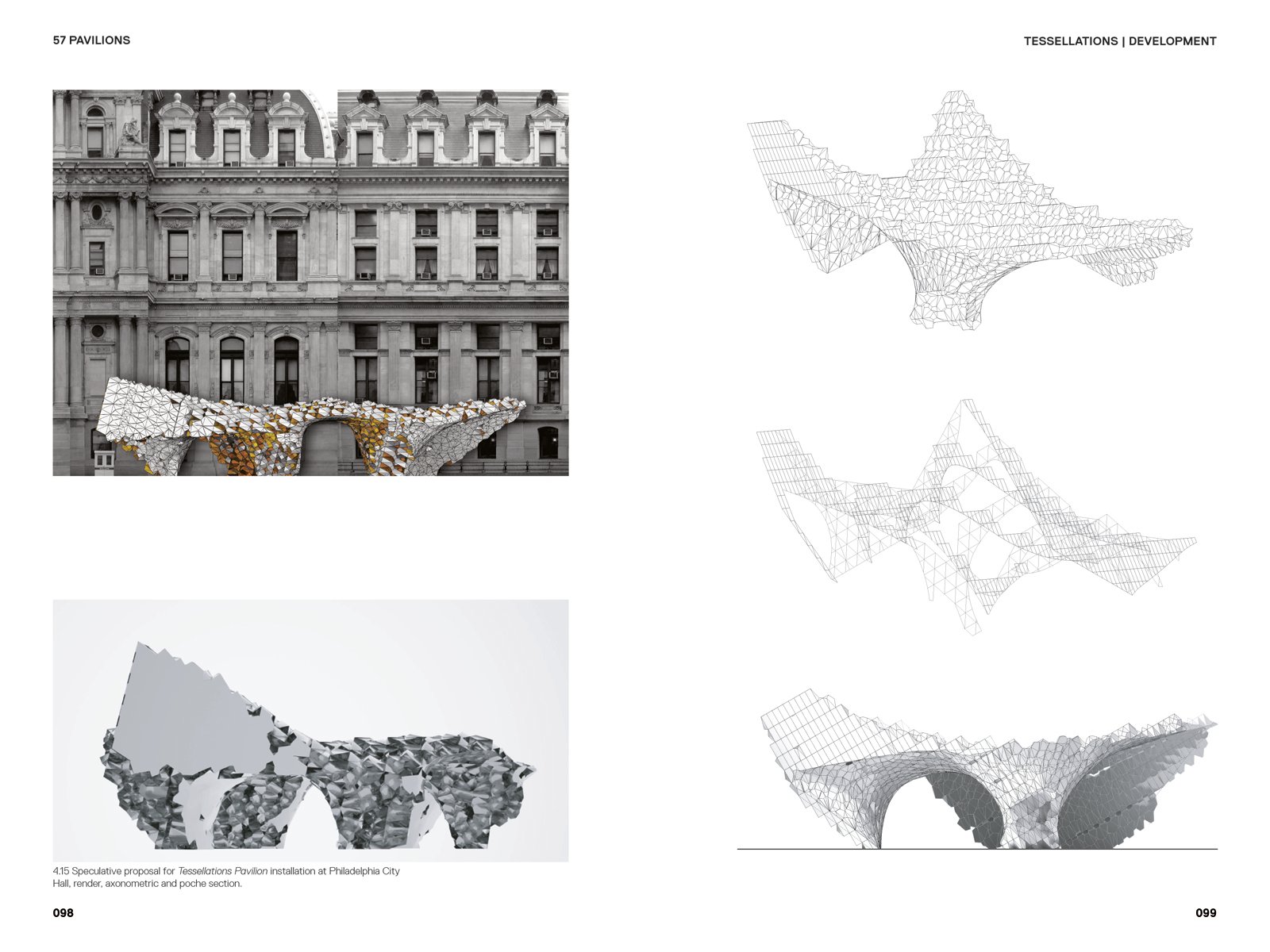 Book cover of 57 Pavilions, with thirty black geometric shapes in square formation. Published by ORO Editions.