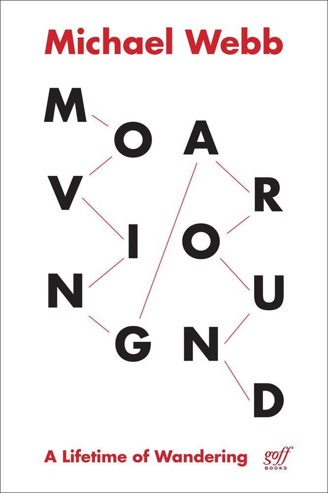 MOVING AROUND in black font zig zagging across white cover with red lines inbetween