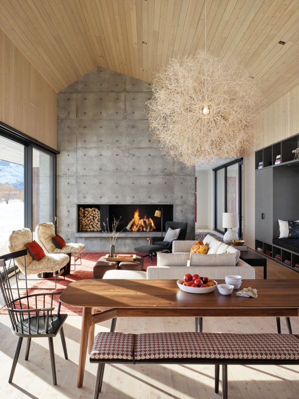 Contemporary flat roof building near lake and autumn trees, Inspired by Place Architects CLB in brown font above by Oro Editions.