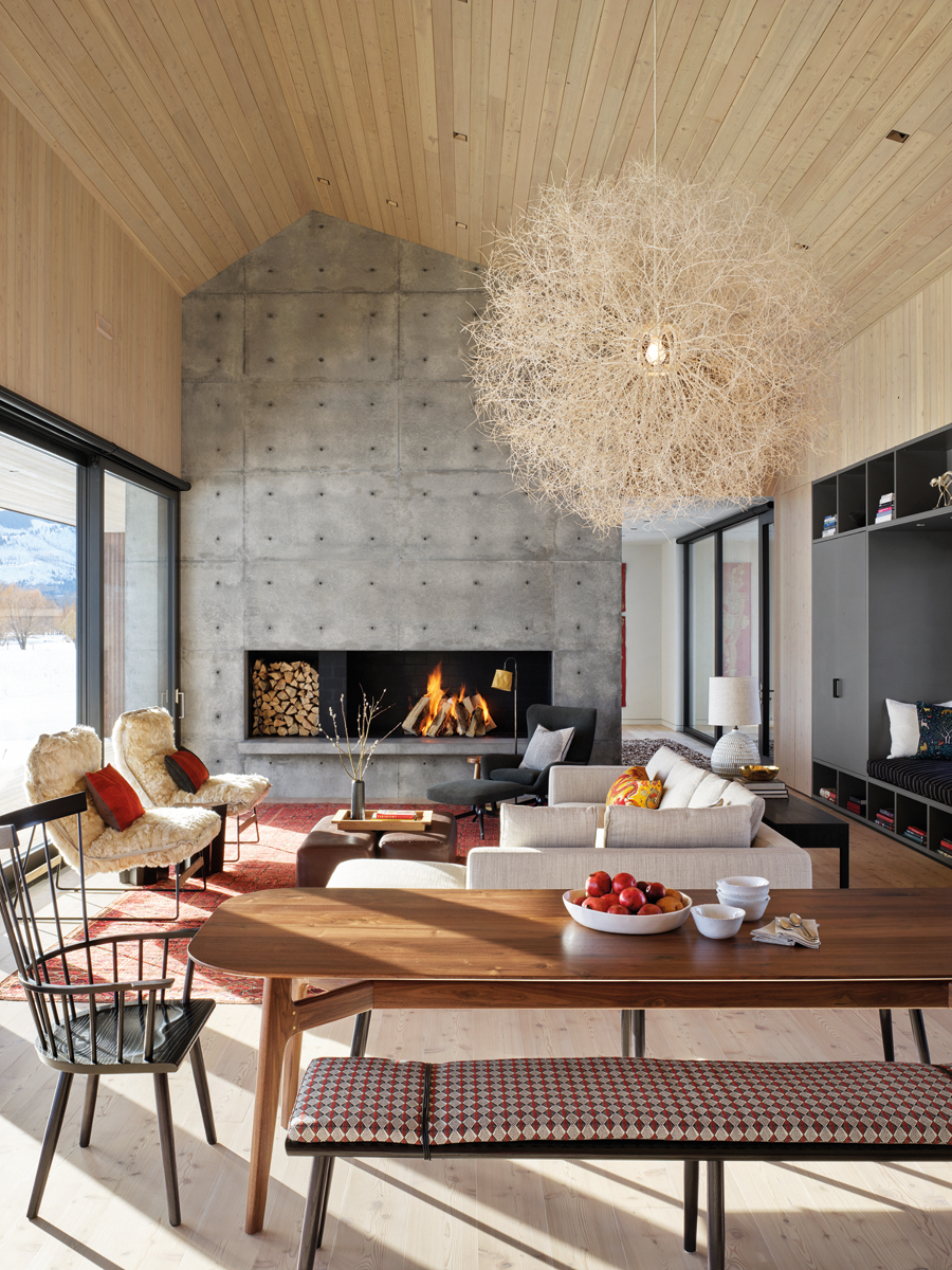 Contemporary flat roof building near lake and autumn trees, Inspired by Place Architects CLB in brown font above by Oro Editions.