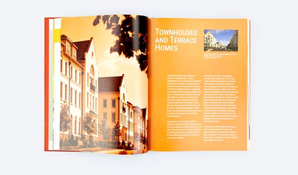 Aerial shot of cityscape with red filter, montage of buildings, Increments of Neighborhood in cream font above.