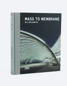 Modern white curved roof structure over road, Mass to Membrane in white font above on dark blue cover