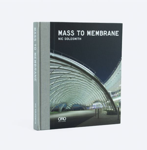 Modern white curved roof structure over road, Mass to Membrane in white font above on dark blue cover