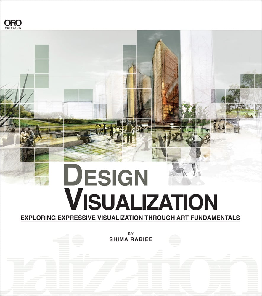 Tiled image of CAD illustration of architectural landscape with building, white cover, DESIGN VISUALIZATION in grey and black font below.